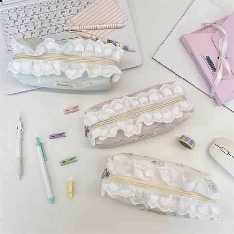 Kawaii Lace Edge Pencil Case Large Capacity Fabric Stationery Pouch With Cute Cat Print For School And Office Zippered