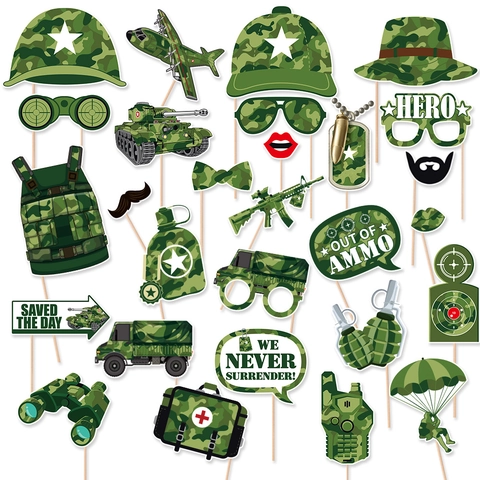 Accessori Photobooth Tema Militare Camuffamento Verde Cartoncino Fai Da Te Bastoncini Portatili Decorazioni Festa Compleanno Hero Slogan