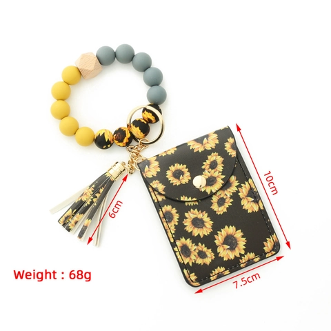 Mode Silikon Perlen Armband Schlüsselanhänger Für Damen PU Leder Kartenhalter Brieftasche Quaste Sonnenblume Leopard Marmor Muster