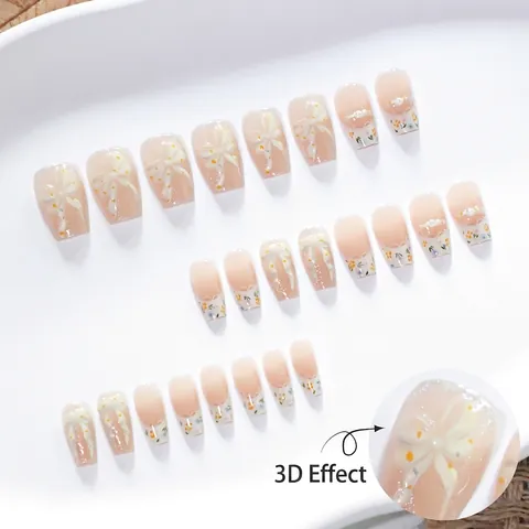 Press On Nails 3D Bowknot Ballerina Shape French Sweet Style Floral Print Nude Pink Artificial Pearl Decor Handcrafted Fake Nails