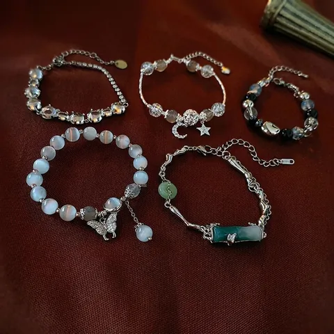 Elegant Alloy Bracelet For Women With Faux Moonstone Cat Eye Heart Butterfly Charms And Sparkling Rhinestones Adjustable