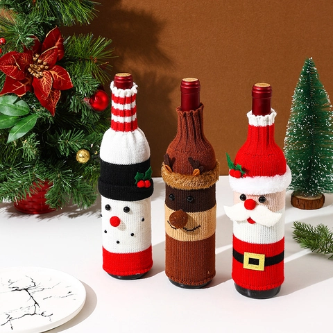 Christmas Wine Bottle Covers Knitted Wool Fabric Santa Snowman Reindeer Cartoon Festive Table Decor Dinner Party Gift