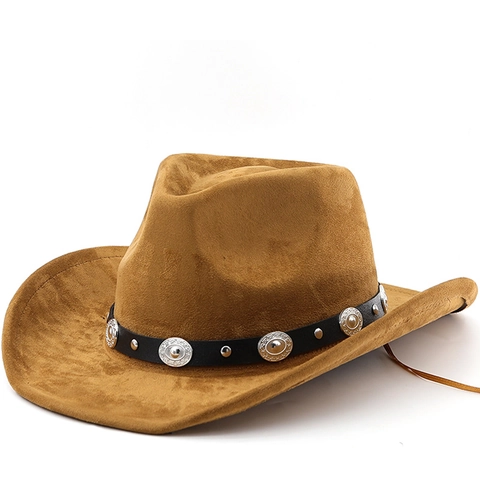 Vintage Westerse Cowboyhoed Suede Polyester Brede Rand Met Metalen Conchos Retro Jazz Fedora Voor Heren Dames