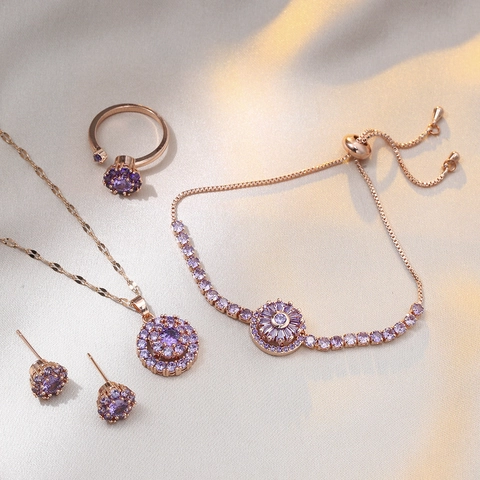 Rotating Flower Purple Zircon Jewelry Necklace And Earrings And Ring And Bracelet Rose Gold Plated Titanium Steel Fashion