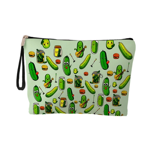 Divertene Borsa Per Trucco In Lino Fine Con Stampa Di Cetriolo Cartone Animato Pochette Cosmetica Da Viaggio Portatile