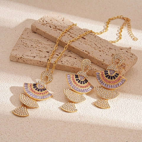 Collana E Orecchini Geometrici A Forma Di Ventaglio Con Zircone Colorato Strass Lega Perno In Argento Retro Art Deco Donne