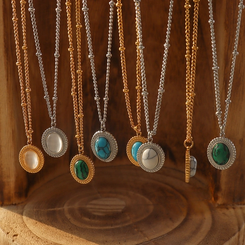 Collar Y Pendientes Bohemios Franceses Vintage Para Mujer Acero Inoxidable De Titanio Piedra Natural Turquesa Ovalada