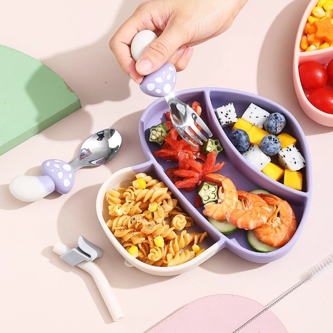 Cartoon Animal Silicone Suction Plate Stainless Steel Fork Spoon Straw Baby Feeding Tableware Toddler Kids Dinnerware