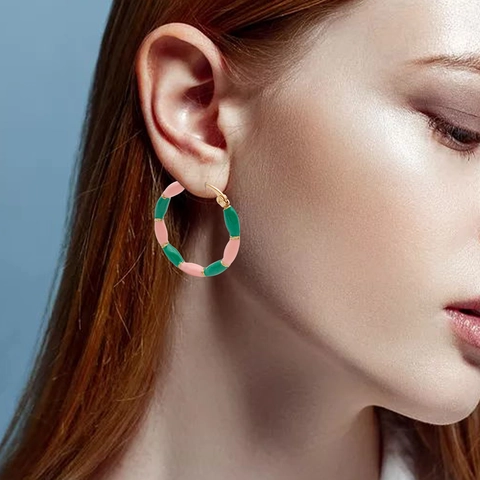 Boucles d'Oreilles Créoles Bohème en Acier Inoxydable Joint de Bambou Émail Coloré Plaqué sous Vide Boucle d'Oreille Géométrique Bijoux de Mode pour Femmes