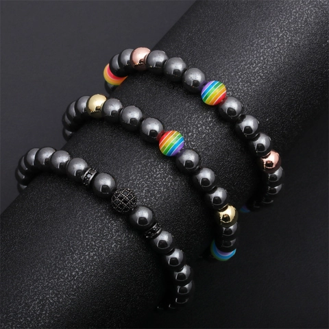 Men Hematite Beaded Bracelet With Rainbow Accents And Zircon Ball Minimalist Elastic Jewelry Gift