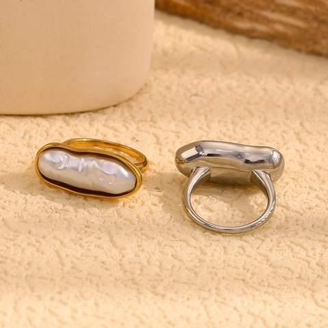 Künstliche Barockperlenring Edelstahl 18K Vergoldet Unregelmäßige Lange Bar Retro Eleganter Modeschmuck Für Frauen