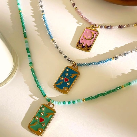 Bohemian Stainless Steel Beaded Pendant Necklace With Enamel Square Charm Rhinestone Inlaid Fashion Jewelry For Women