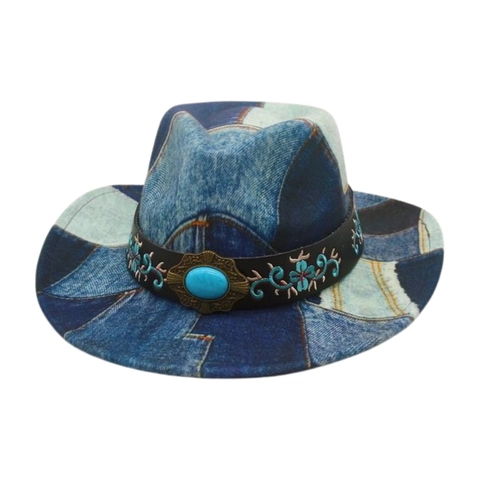 Western Cowboy Hat Patchwork Denim Peach Heart Wide Brim Fedora With Floral Embroidery And Turquoise Stone Bohemian