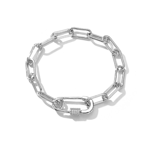 Stainless Steel And Brass Paperclip Link Chain Necklace Bracelet With Micro Pave Zircon Carabiner Clasp Hip Hop Style