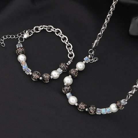 Collar de Cuentas de Vidrio de Arena Dorada Luminosa Acero de Titanio Perla Artificial Empalme Pareja Joyería Hip Hop Conjunto Hombre Mujer