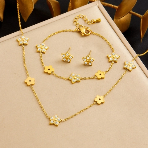 Acciaio Inossidabile Placcato Oro Strass Fiore Collana Bracciale Orecchini Gioielli Moda Per Donne Elegante Fascino