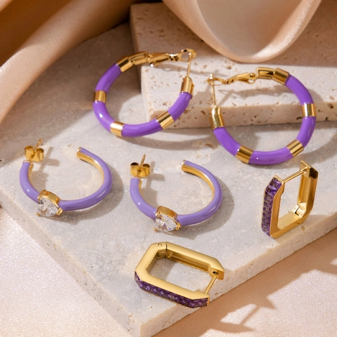 Orecchini a Cerchio in Acciaio Inossidabile al Titanio da Donna Viola Oro Smalto Blocchi di Colore a Forma di C Cuore Strass Orecchini Geometrici Gioielli Regalo
