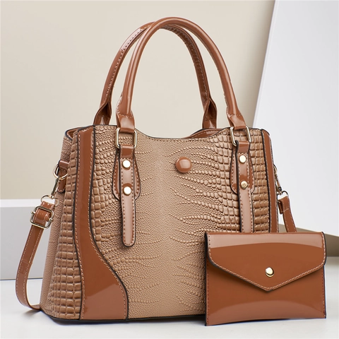 Crocodile Embossed Patent PU Leather Handbag And Wallet Large Capacity Tote Crossbody Bag For Women Trendy Elegant