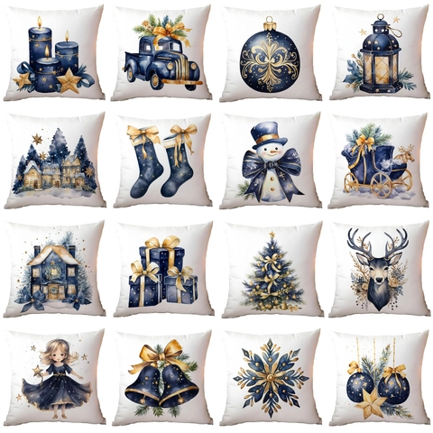 Housse De Coussin De Noël Peluche Courte Bleu Or Aquarelle Renne Père Noël Flocon De Neige Décoration Maison Carré