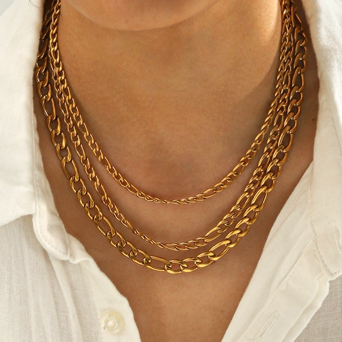 Collana E Bracciale A Catena Figaro In Acciaio Inossidabile Placcato Oro 18K Lucido Regolabile Gioielli Eleganti Per Donna