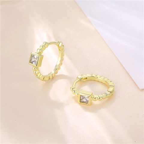Geometric Square CZ Hoop Earrings Copper 14K Gold Plated Bead Texture Silver Earring Post For Women Minimalist