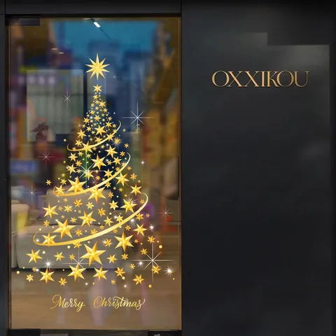Christmas Tree Window Sticker Gold Star Spiral Static Cling PVC Glass Door Decoration Holiday Decor