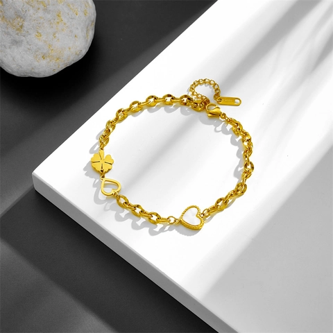 Pulsera De Dijes De Acero Inoxidable Con Corazón Y Trébol Elegante Incrustación De Concha Blanca Ajustable Bañada En Oro Para Mujer