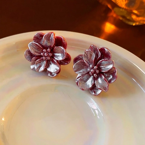 Vintage Dubbellaagse Bloem Oorknopjes Met Zilveren Oorsteker Chique Hars Florale Sieraden Voor Dames Bourgondië Rood