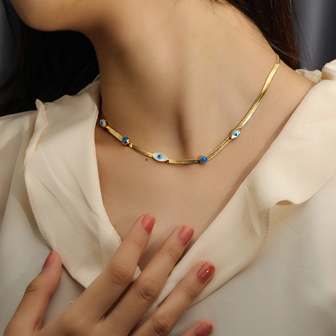 Evil Eye Schlangenkette Halskette Titanstahl Gold Plattiert Emaille Muschel Eleganter Schmuck Für Damen