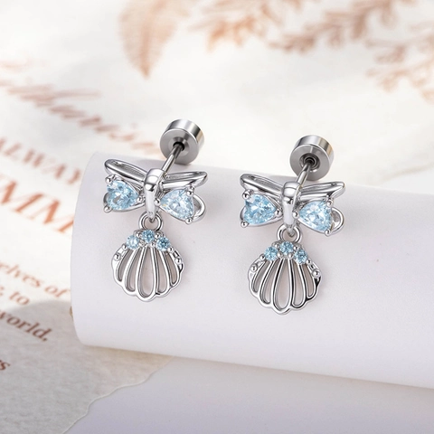 Bow Shell Zircon Ear Cartilage Stud Screw Back Earring Blue Heart Cubic Zirconia Ocean Style Silver Color Body Jewelry