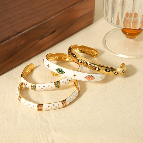 Bracciale Rigido Vintage Evil Eye Star Per Donna Acciaio Inossidabile Placcato Oro 18K Smalto Strass Gioielli Regolabili