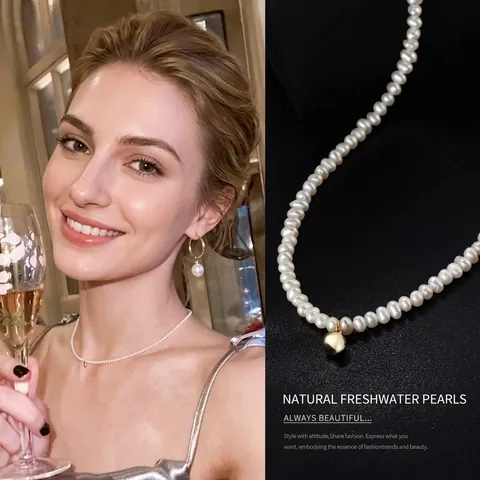 Natural Freshwater Pearl Necklace With Gold Alloy Bead Pendant French Vintage Minimalist Choker For Women