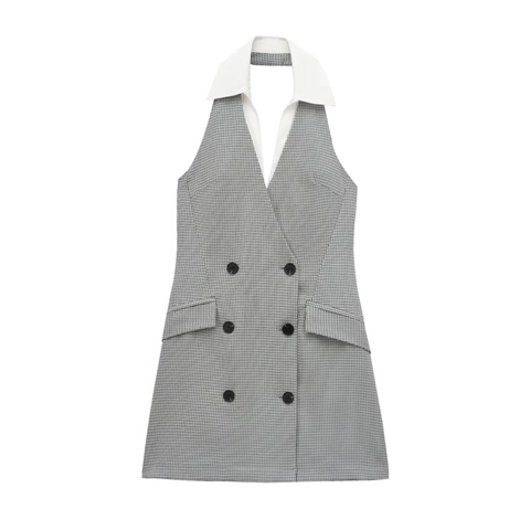 Vestito Mini Halter Donna Pied De Poule Quadri Stile Blazer Doppio Petto Senza Maniche Giunzione Elegante Colletto Bianco