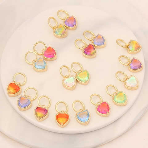 Heart Stud Earrings Copper Gold Plated Gradient Colorful Glass Fashion Jewelry For Women Girls Trendy
