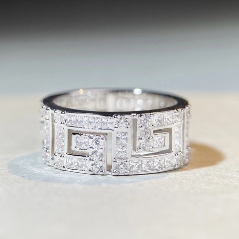 Anello in Argento Sterling 925 Greca Greca per Donna Anello a Fascia con Zirconi Pave Cavo Geometrico Gioielli di Moda