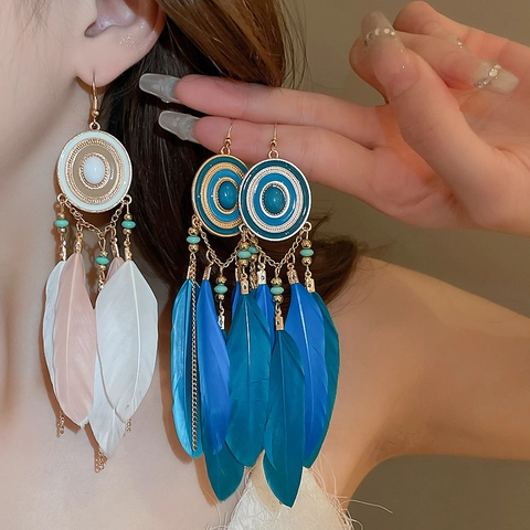 Boucles D'oreilles Bohèmes À Pampilles En Plumes Pour Femmes Vintage Ethnique Alliage Goutte D'huile Géométrique Bijoux En Acier