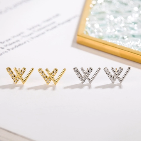 Fashion Copper Double V Letter Stud Earrings For Women With 925 Sterling Silver Post Rhinestone Inlaid Geometric Jewelry