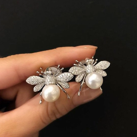 Bee Stud Earrings Copper Cubic Zirconia White Imitation Artificial Pearl Vintage Insect Style For Women Delicate Jewelry Accessory