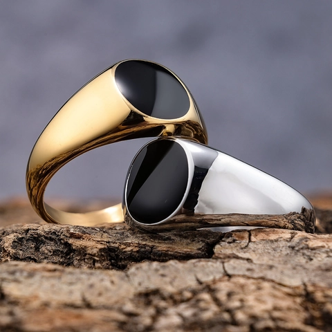 Men Signet Ring Stainless Steel Black Enamel Inlay Minimalist Punk Industrial Style Jewelry Gift Neutral