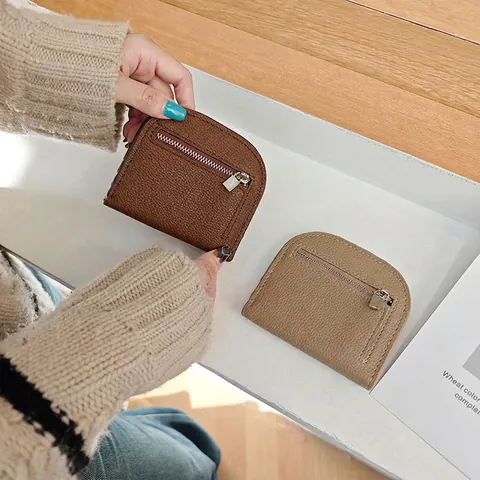 Mini Semi Circular Coin Purse Lychee Grain PU Leather Small Zipper Card Holder Minimalist Solid Color Wallet For Women Students