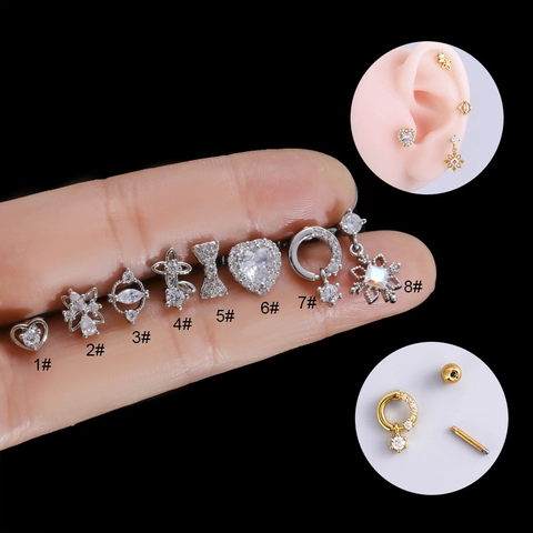 Knorpel Ohrstecker Edelstahl Zirkonia Kupfer Herz Schleife Piercing Schmuck Gewinde Kugelverschluss Stud Ohrringe