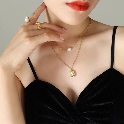 Double Layer Necklace Freshwater Pearl 18K Gold Plated Titanium Steel Oval Pendant Vintage Minimalist Jewelry For Women