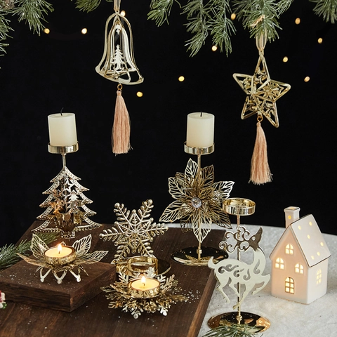 Christmas Gold Metal Tealight Candle Holder Hollow Snowflake Star Tree Tabletop Decorative Festive Atmosphere Ornament