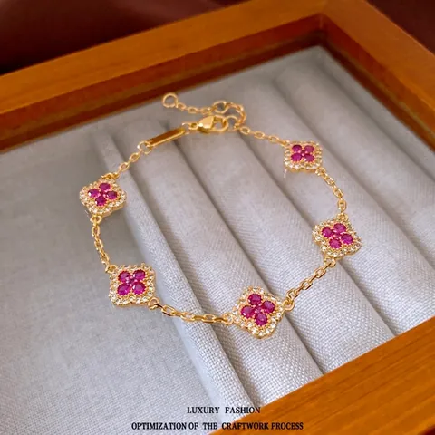 Flower Clover Charm Bracelet Gold Plated Copper Inlaid Red White Cubic Zirconia Elegant Luxury Jewelry For Women