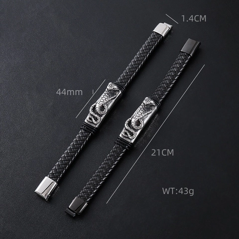 Pulsera De Cobra Para Hombre Acero Inoxidable 304 Cuero Trenzado Negro Con Cierre Magnético Joyería Punk Vintage