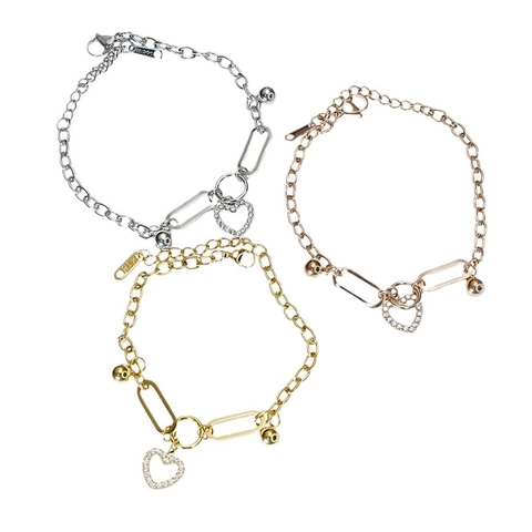 Pulsera de Cadena de Acero de Titanio Pulido de Moda Con Colgante de Corazón Hueco de Strass Joyería para Mujer Hombre