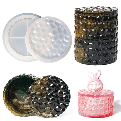 Silicone Mold For Round Diamond Storage Box Stackable Geometric Texture Epoxy Resin DIY Craft Jewelry Jar With Lid