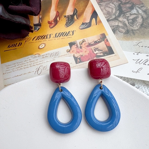Boucles D Oreilles Pendantes Vintage Color Block Pour Femmes Résine Carrée Goutte D Eau Creuse Avec Tige En Argent