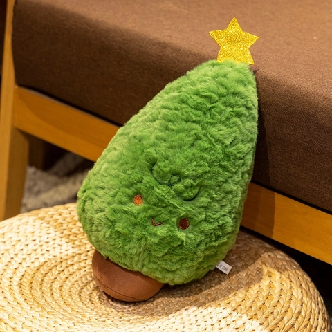 Christmas Tree Plush Toy Soft Long Plush Stuffed Pillow With Gold Star Cute Embroidered Face Holiday Home Decoration
