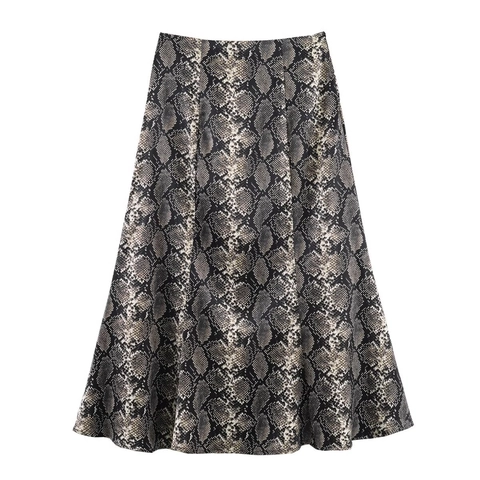 Women High Waist Snake Print Midi Skirt Satin Feel A-Line Sexy Animal Pattern Elegant Streetwear Polyester